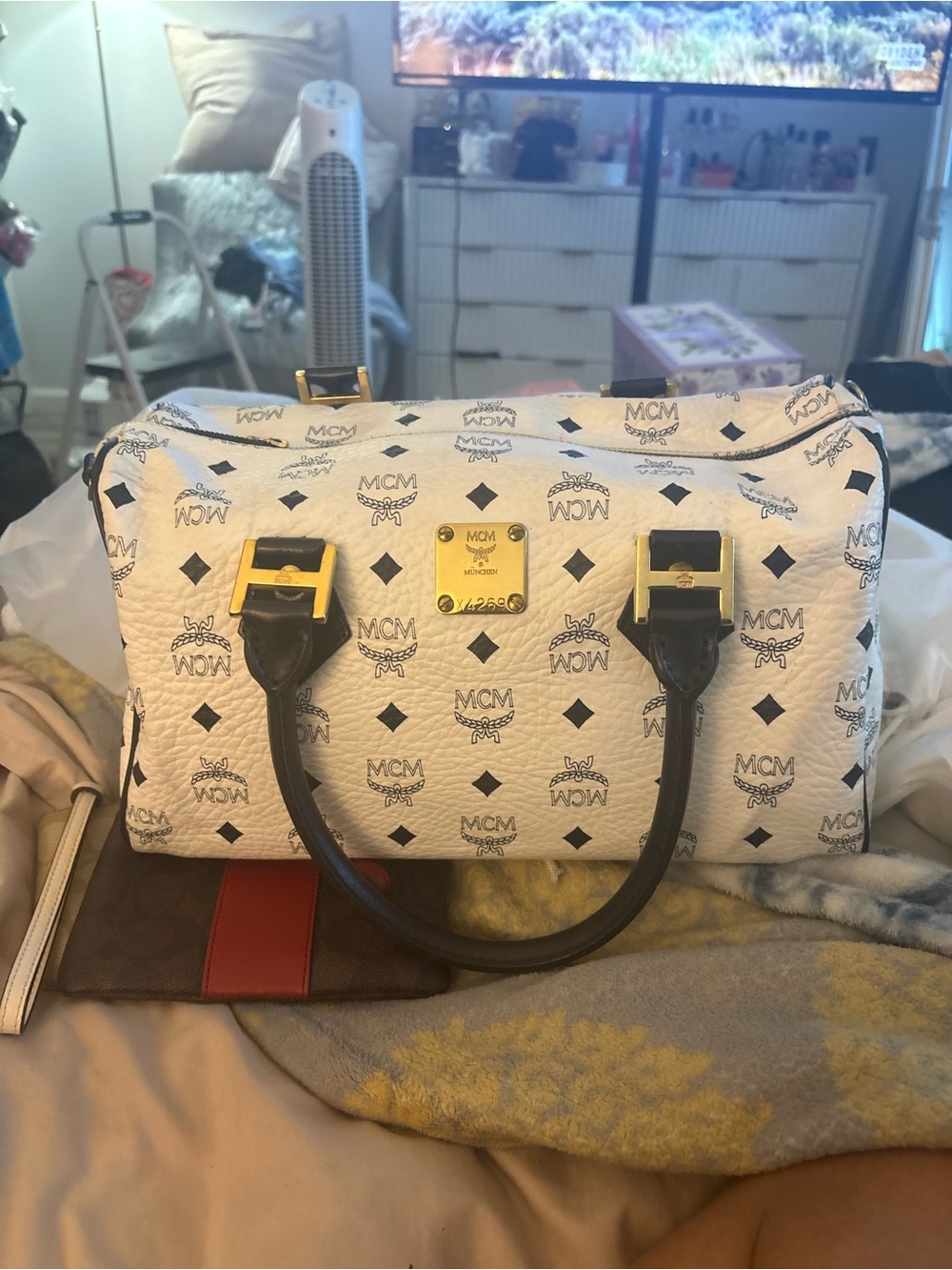 MCM White Visetos Satchel with Navy Blue Handles crossbody strap.Authentic&Clean